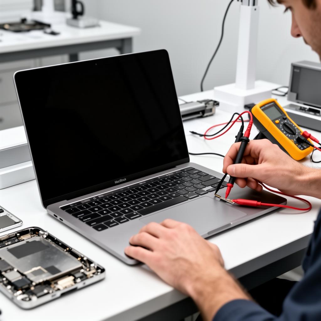 MacBook met zwart scherm wordt gediagnosticeerd door technicus van iMac and More